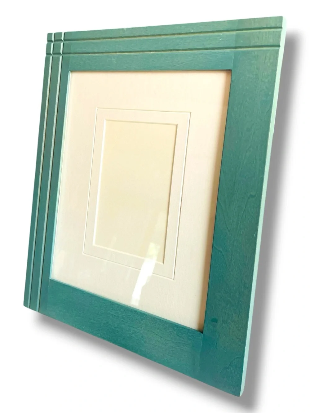 Wooden gallery frame, double matted, teal color, Art Deco inspired